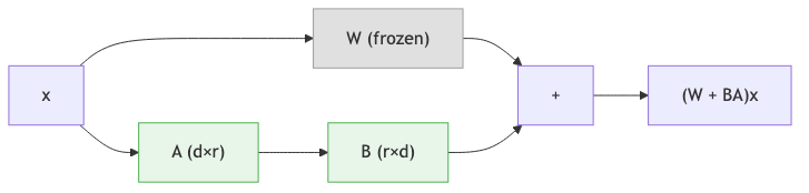 LoRA versus standard fine-tuning: standard updates all parameters of weight matrix W, while LoRA freezes W and adds a low-rank decomposition BA
