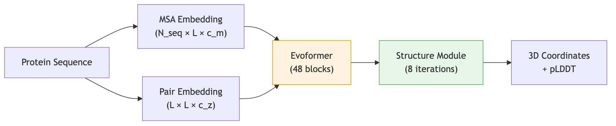 AlphaFold2 pipeline overview: protein sequence is embedded into MSA and pair representations, refined by 48 Evoformer blocks, then decoded by the structure module into 3D coordinates with confidence scores