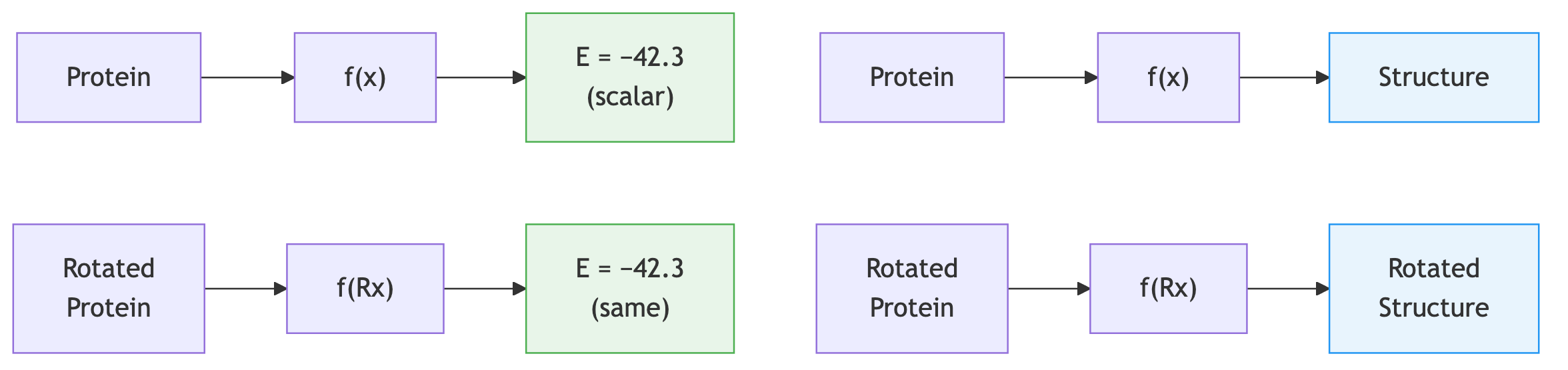 Invariance versus equivariance: an invariant function produces the same scalar output regardless of protein orientation, while an equivariant function produces a rotated output when the input is rotated